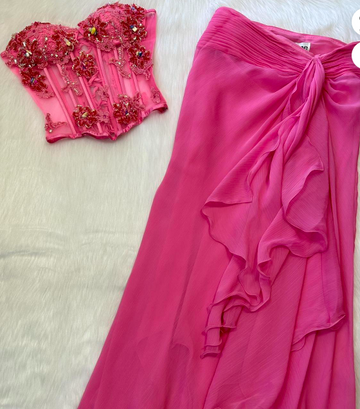 Niulatu Spaghetti Straps Beaded Corset Sheath Chiffon Two-Piece Short Prom Dresses HZ1026